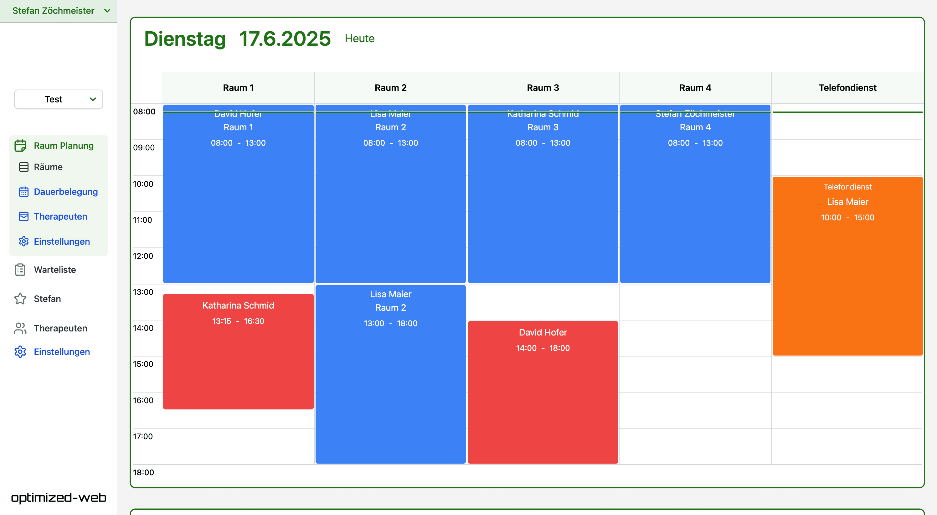 Beispiel eines erfolgreich umgesetzten Projekts von Optimized-Web für den Kunden Bild des Raumbuchers von Lilienhof Physiotherapie - Projektkategorie: Web-App, CRM