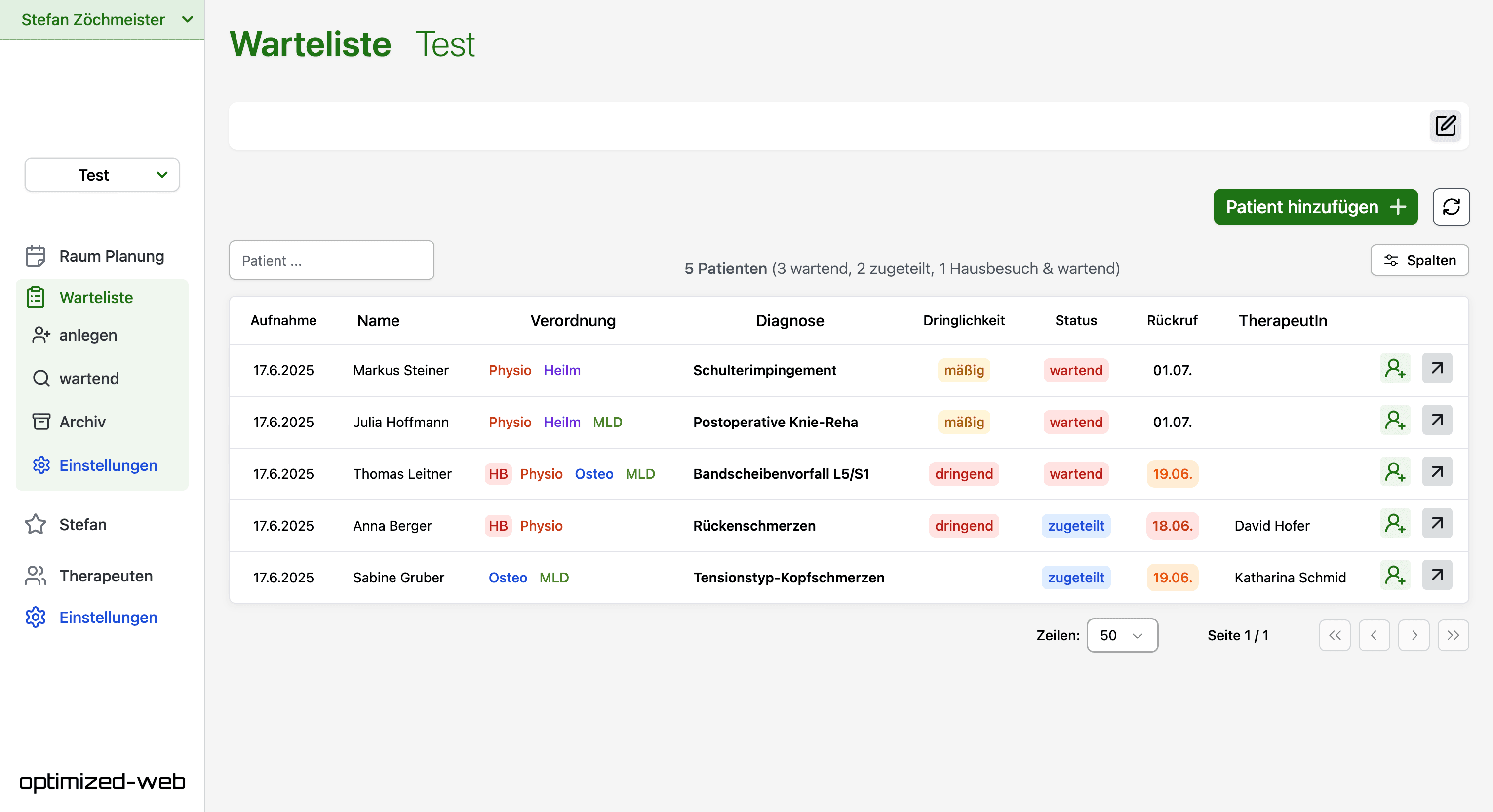 Beispiel eines erfolgreich umgesetzten Projekts von Optimized-Web für den Kunden Bild der Warteliste von Baden Physiotherapiepraxis - Projektkategorie: Web-App, CRM