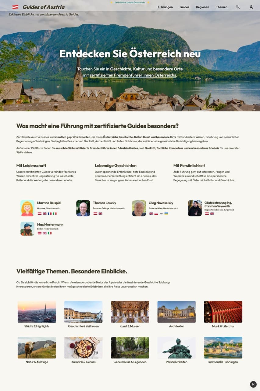 Guides of Austria Plattform Screenshot der Startseite (Beispiel einer Plattform, entwickelt von Optimized-Web)