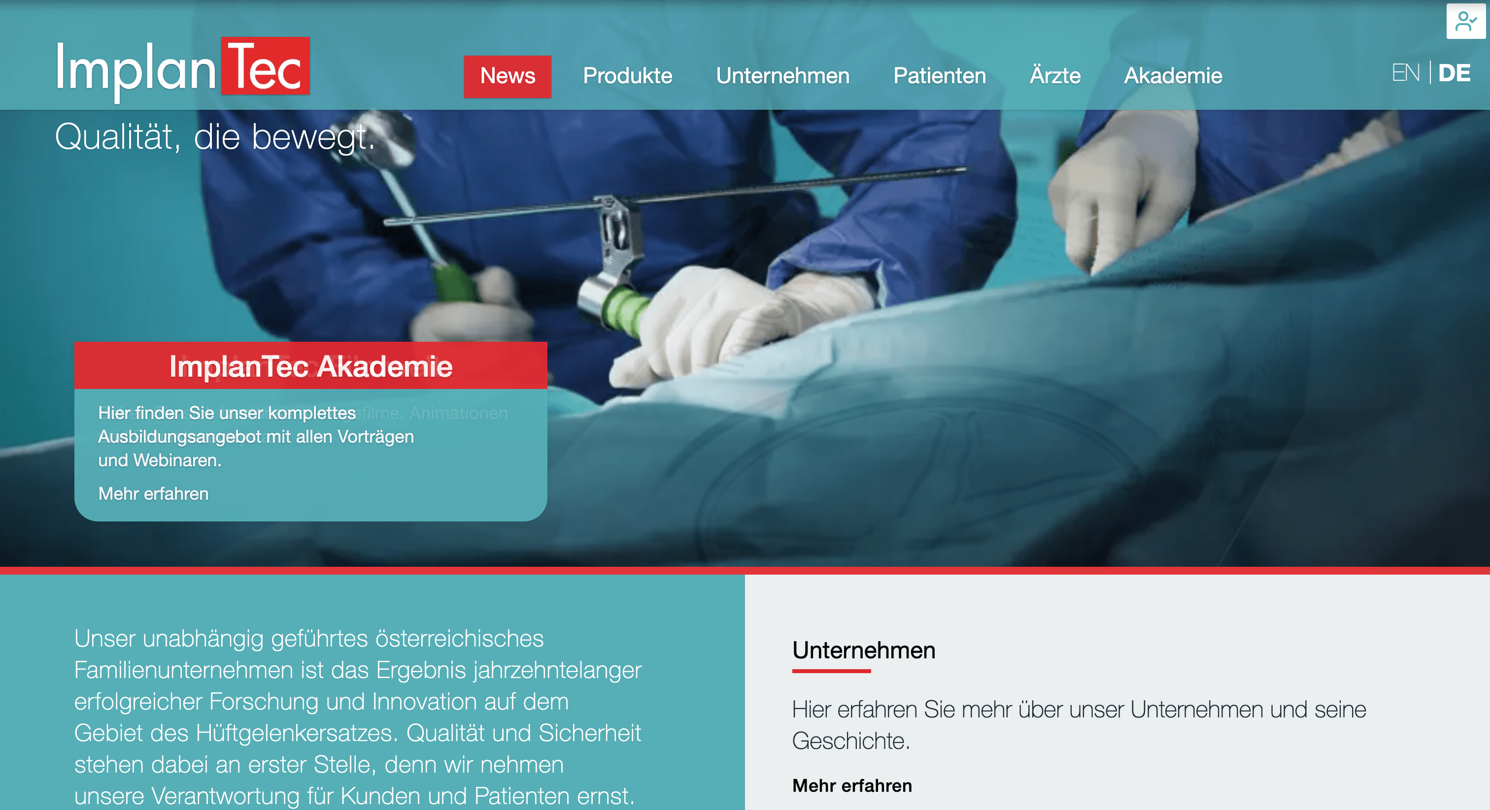 Beispiel eines erfolgreich umgesetzten Projekts von Optimized-Web für den Kunden Bild der Homepage von ImplanTec GmbH - Projektkategorie: Homepage, Web-App, CMS