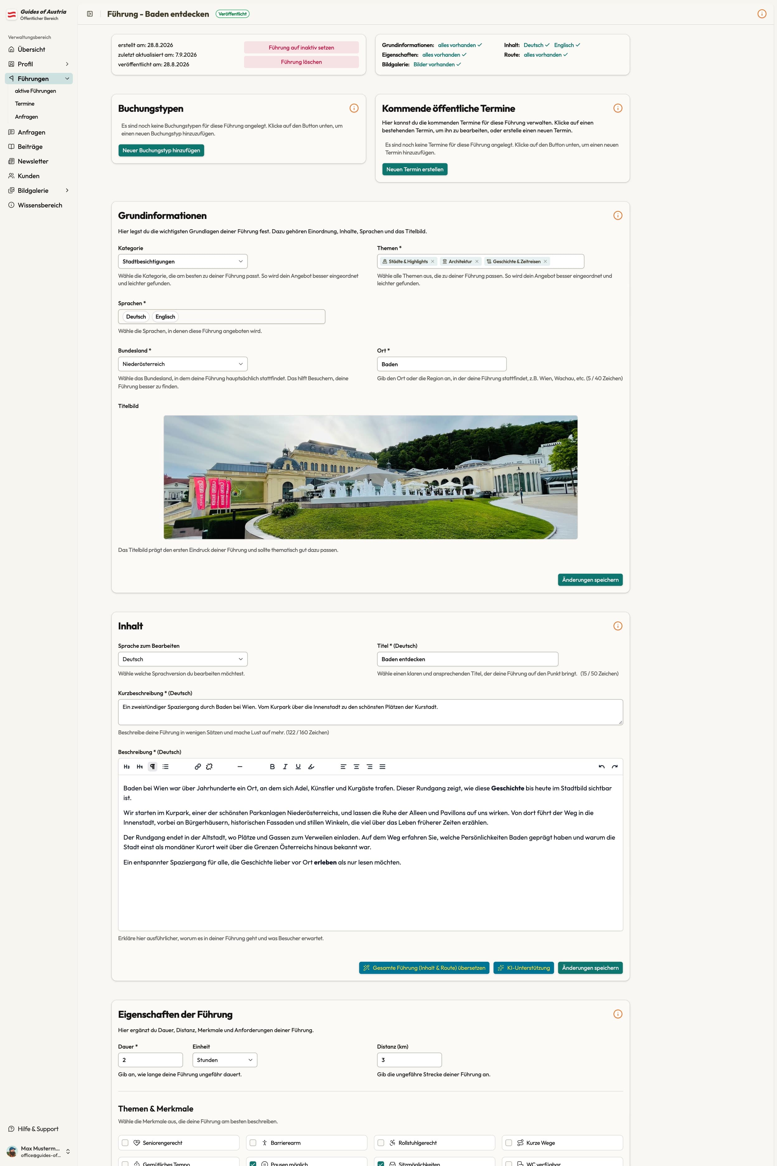 Screenshot einer Führung im Verwaltungsbereich der Plattform (Beispiel einer Plattform, entwickelt von Optimized-Web)
